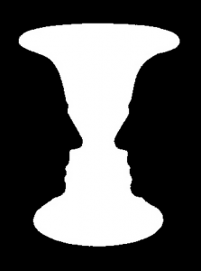 Rubin's vase: A classical example of figure/ground segmentation. The image is fundamentally ambiguous. People perceive a vase or faces, but not both at the same time.