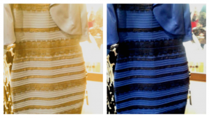 White/gold vs. Black/blue: Some people perceive the image on the left, others the one on the right. Others switch back and forth.
